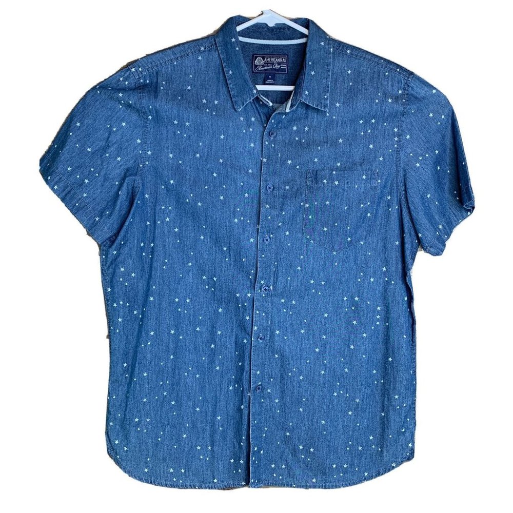 American Rag Mens Button Up Shirt Blue Chambray SS Sz XL Little White Stars